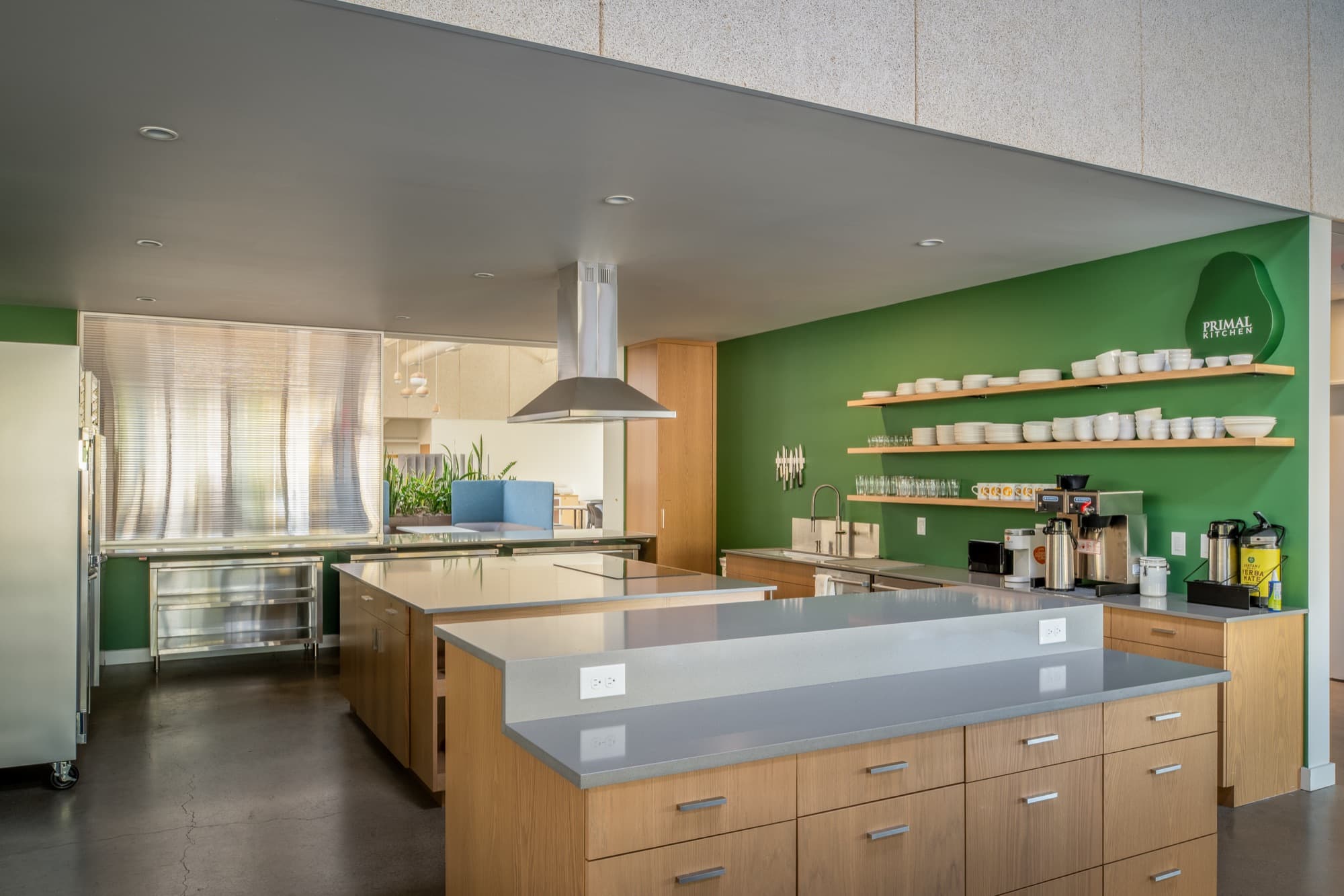 Shared kitchen with a green accent wall, open shelving and a large island